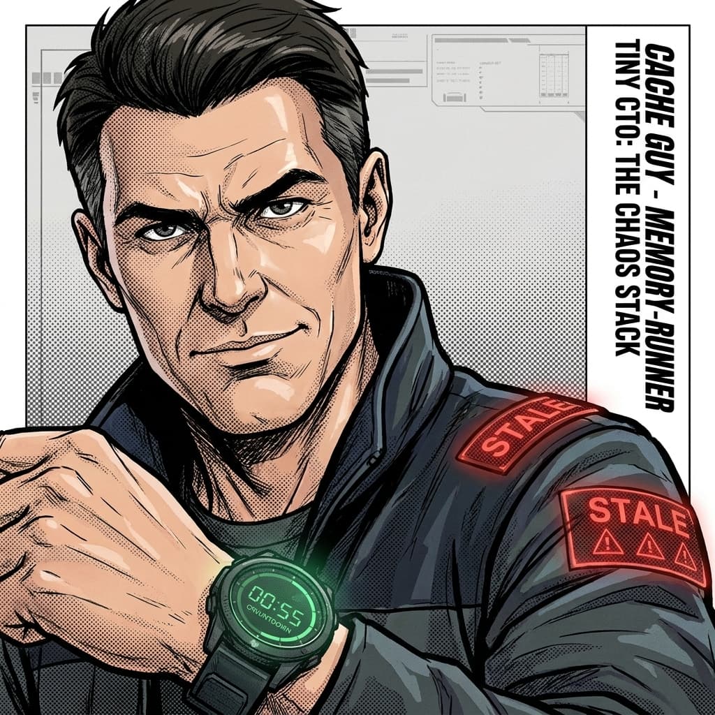 Cache Guy — Memory-Runner, Caching, TTL, stale data, speed versus correctness — Tiny CTO: The Chaos Stack character in Seinen style.