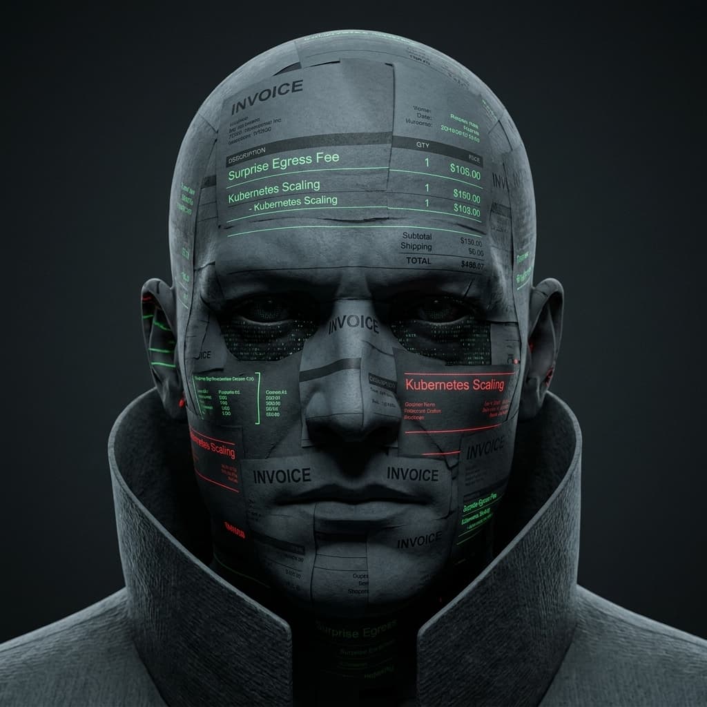 Cloud Bill, Cloud cost / scaling consequence / FinOps apparition — Tiny CTO: The Chaos Stack character in Photorealistic style.