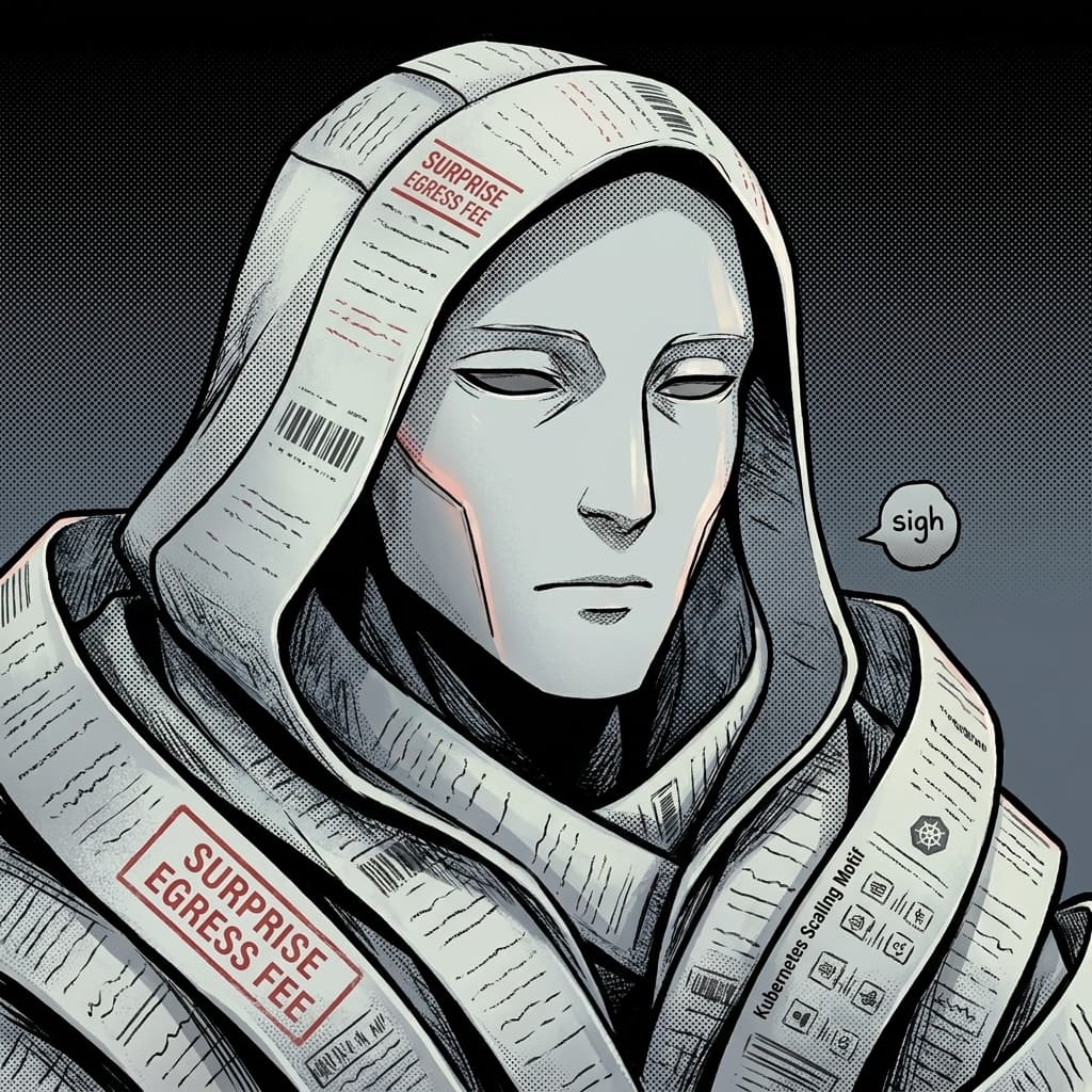 Cloud Bill, Cloud cost / scaling consequence / FinOps apparition — Tiny CTO: The Chaos Stack character in Seinen style.
