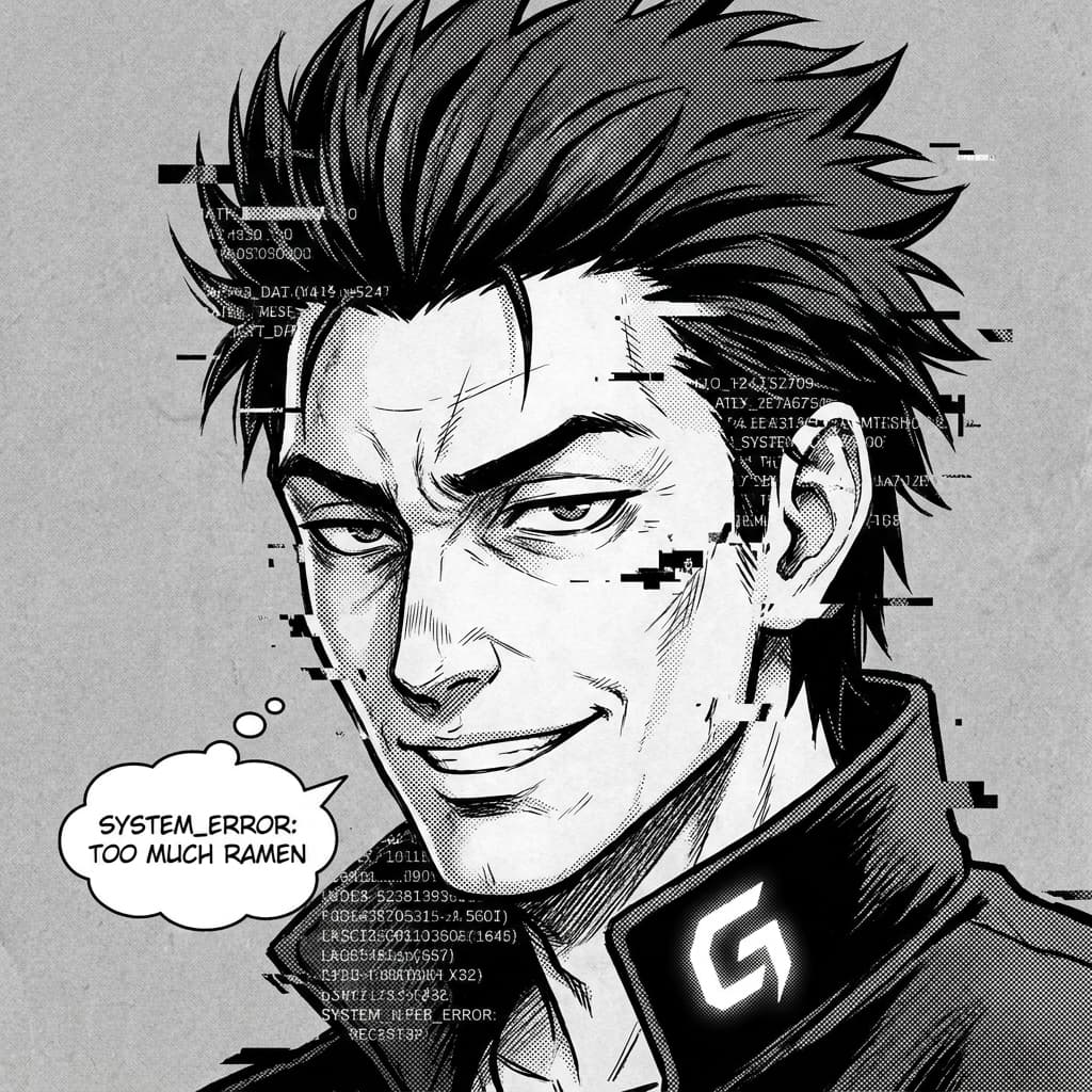 Glitch, Bugs, edge cases, broken assumptions, production failures — Tiny CTO: The Chaos Stack character in Seinen style.