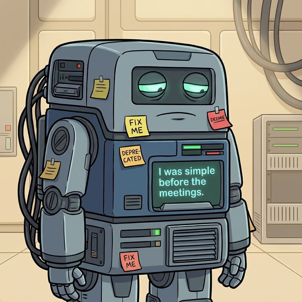 Mono, Legacy monolith / enterprise core system — Tiny CTO: The Chaos Stack character in Retro style.