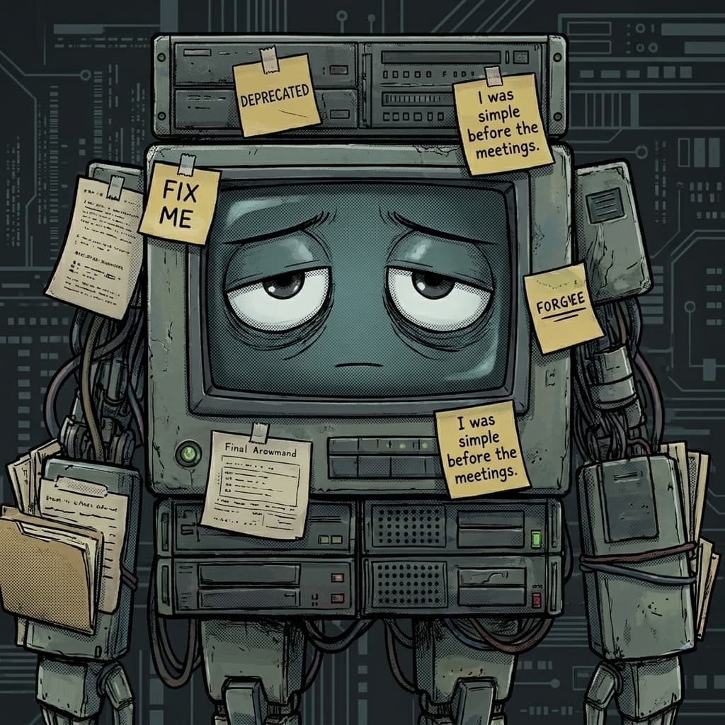 Mono, Legacy monolith / enterprise core system — Tiny CTO: The Chaos Stack character in Seinen style.