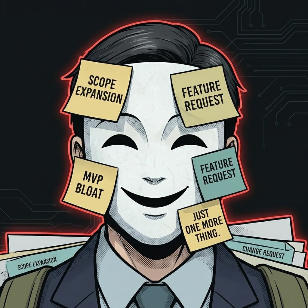 Scope Creep, Requirement sprawl / roadmap expansion — Tiny CTO: The Chaos Stack character in Corporate style.