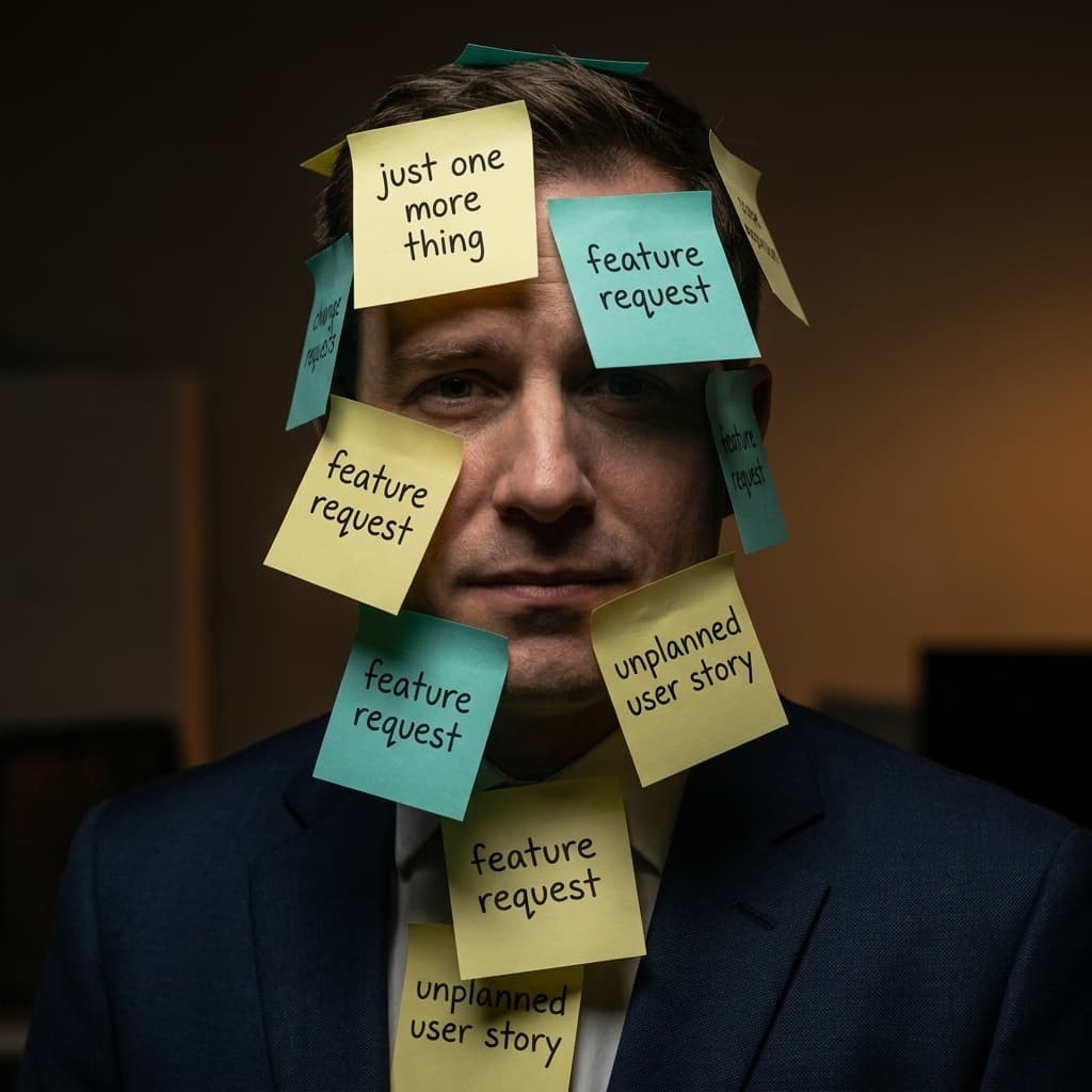 Scope Creep, Requirement sprawl / roadmap expansion — Tiny CTO: The Chaos Stack character in Photorealistic style.