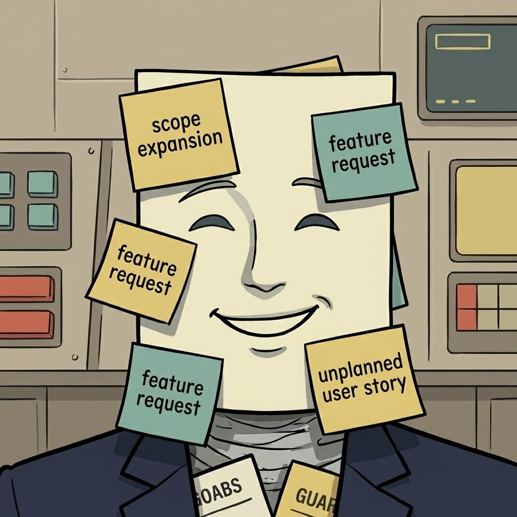 Scope Creep, Requirement sprawl / roadmap expansion — Tiny CTO: The Chaos Stack character in Retro style.