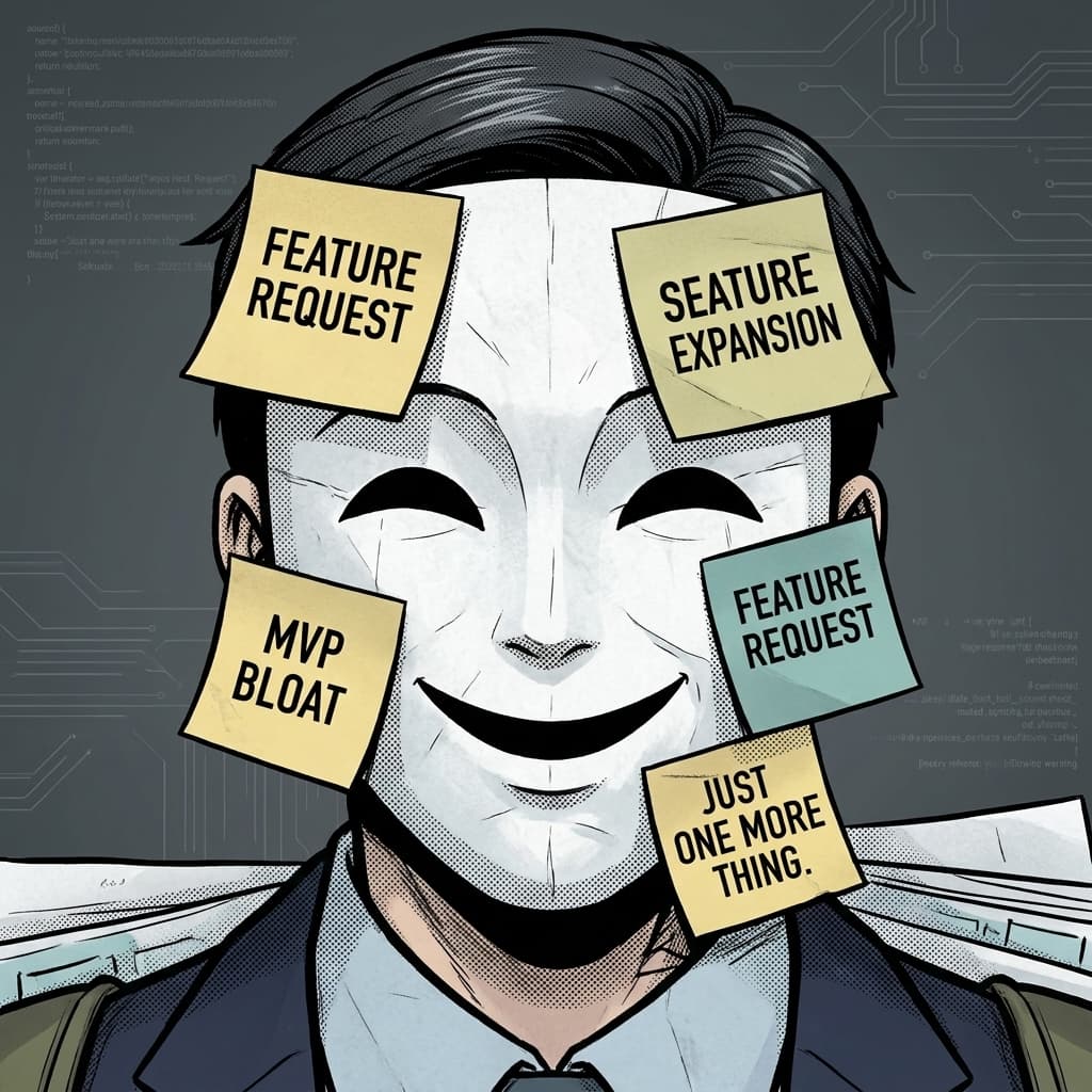 Scope Creep, Requirement sprawl / roadmap expansion — Tiny CTO: The Chaos Stack character in Seinen style.