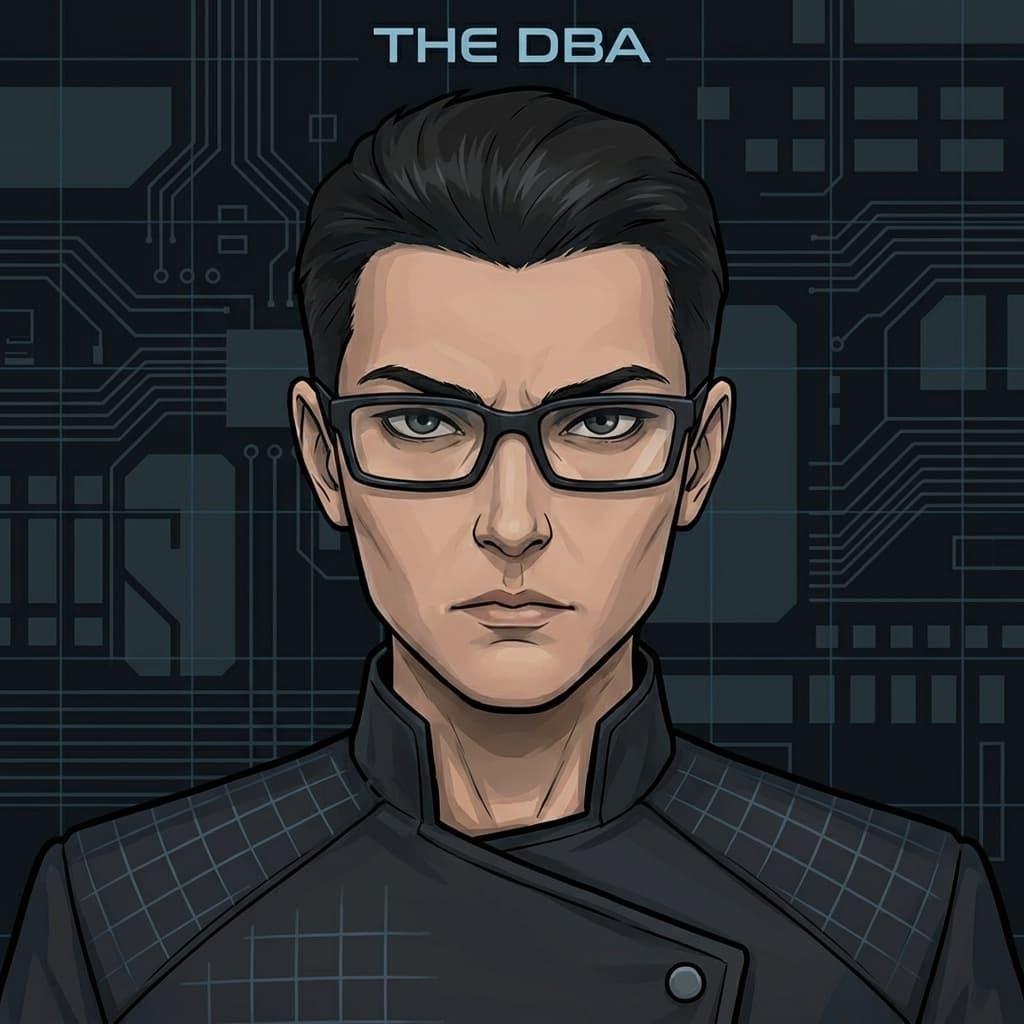 The DBA / Query Czar, Database authority / query discipline / data integrity — Tiny CTO: The Chaos Stack character in Corporate style.