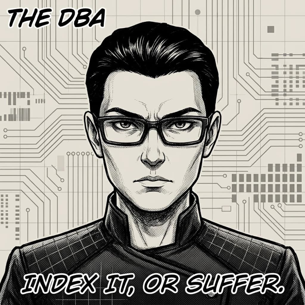 The DBA / Query Czar, Database authority / query discipline / data integrity — Tiny CTO: The Chaos Stack character in Seinen style.