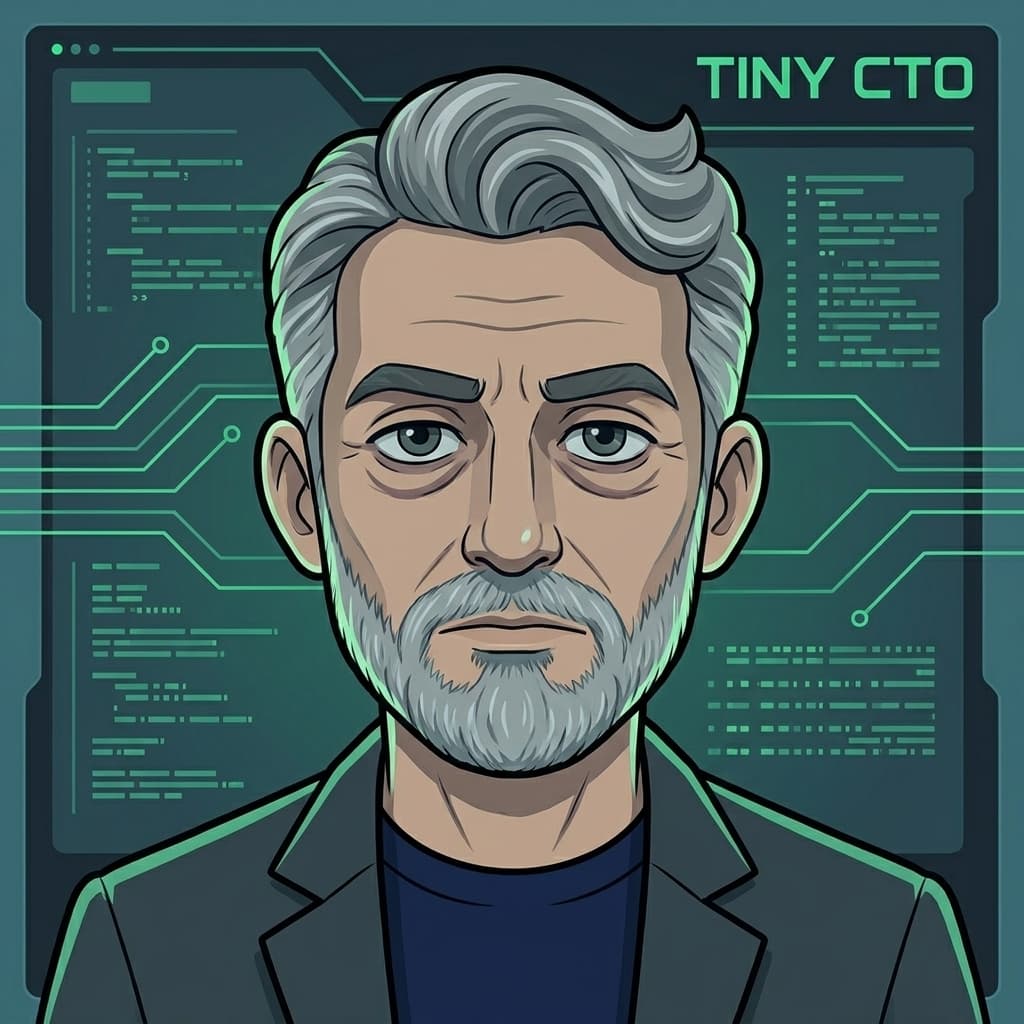 Tiny CTO, Central narrator / interpretive anchor — Tiny CTO: The Chaos Stack character in Corporate style.