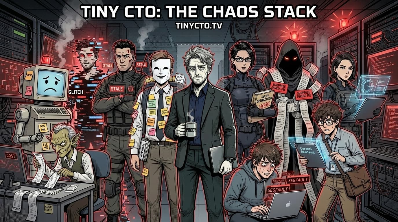 Seinen Manga Tech Satire visual style for Tiny CTO: The Chaos Stack.