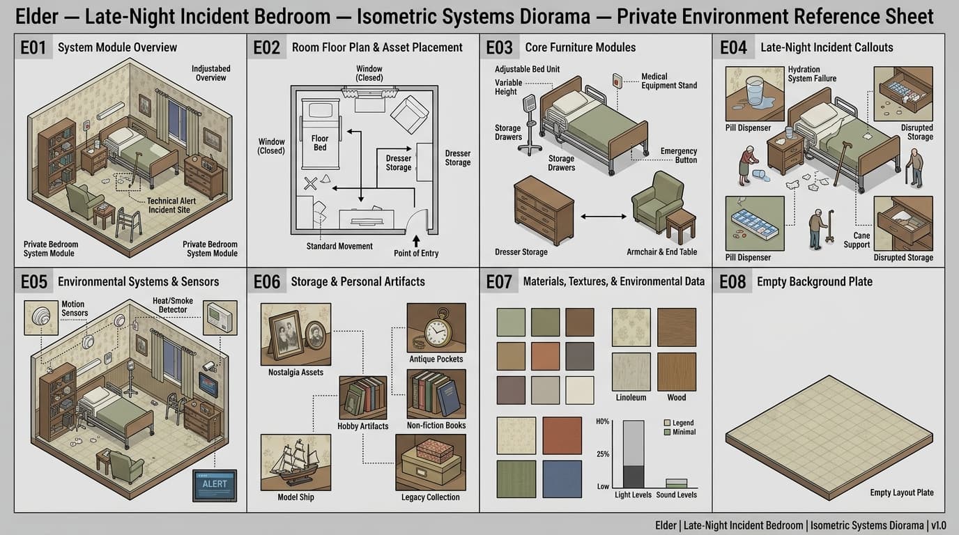 Elder's Late-Night Incident Bedroom environment background.