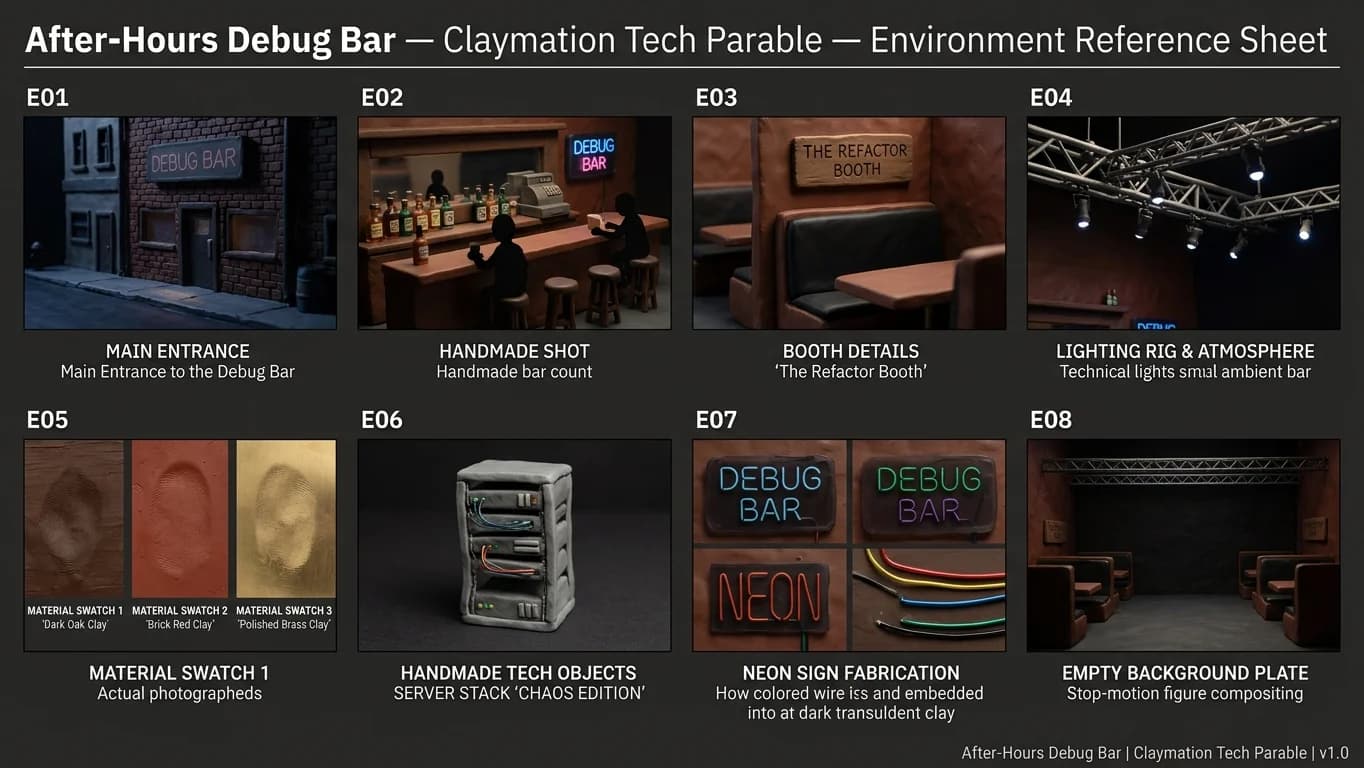 After-Hours Debug Bar in Claymation Tech Parable style.