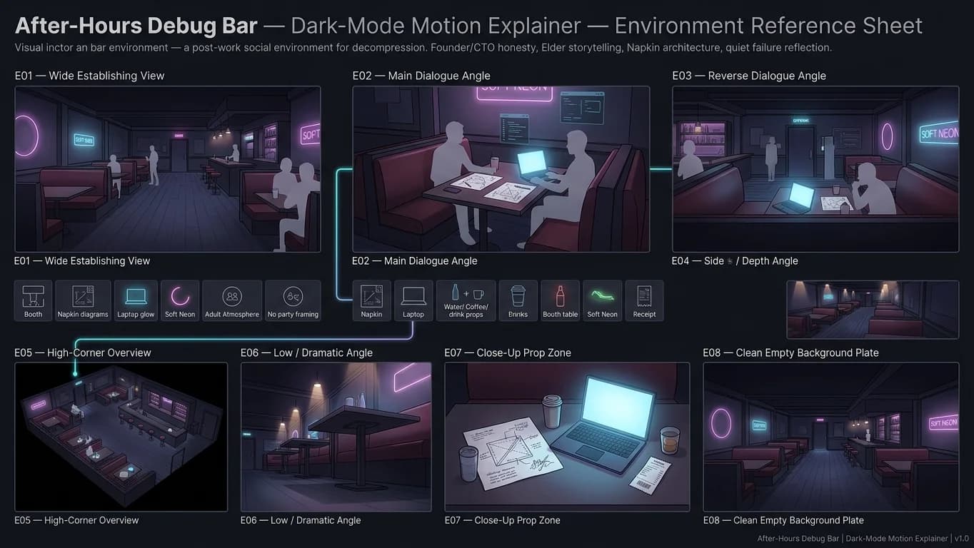 After-Hours Debug Bar in Dark-Mode Motion Explainer style.