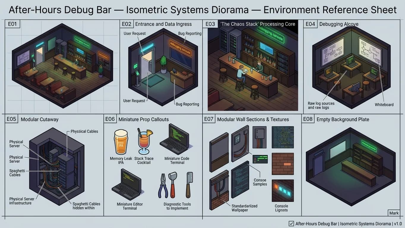 After-Hours Debug Bar in Isometric Systems Diorama style.