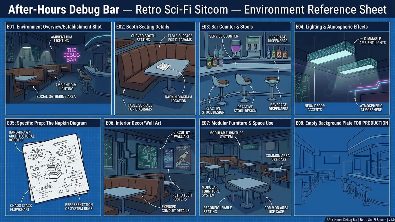 After-Hours Debug Bar in Retro Sci-Fi Sitcom style.