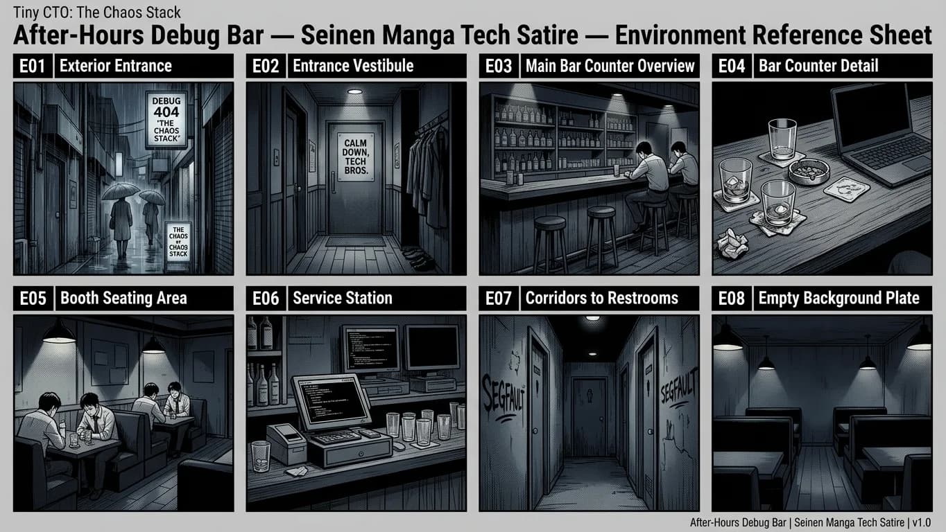 After-Hours Debug Bar in Seinen Manga Tech Satire style.