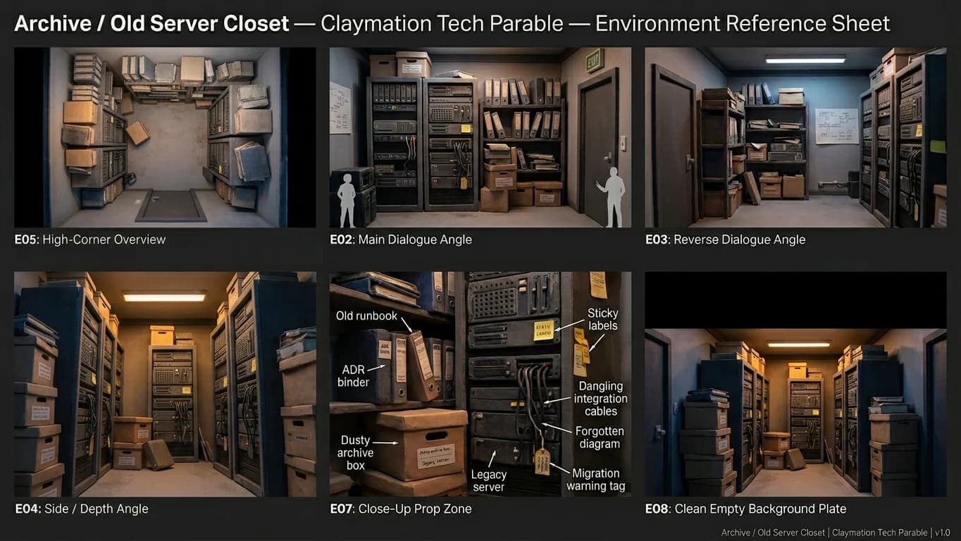 Archive and Old Server Closet in Claymation Tech Parable style.