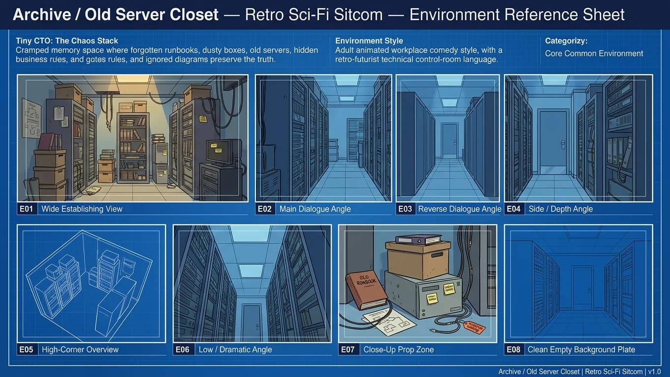 Archive and Old Server Closet in Retro Sci-Fi Sitcom style.