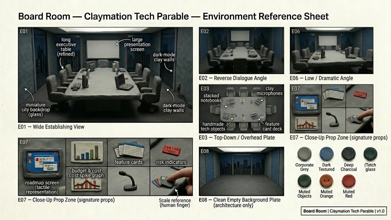 Board Room in Claymation Tech Parable style.