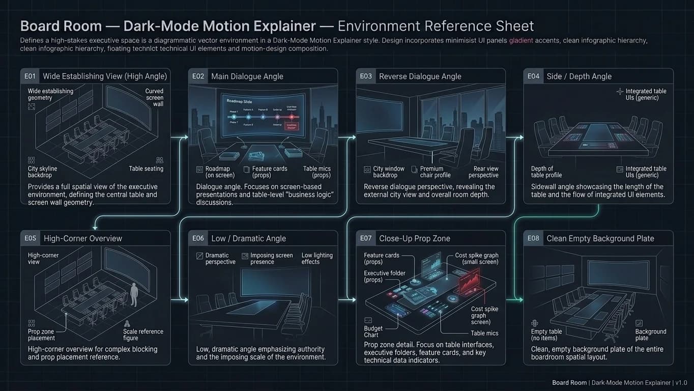 Board Room in Dark-Mode Motion Explainer style.
