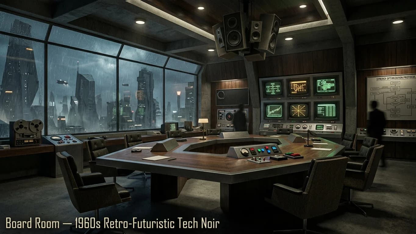 Board Room in Retro Sci-Fi Sitcom style.