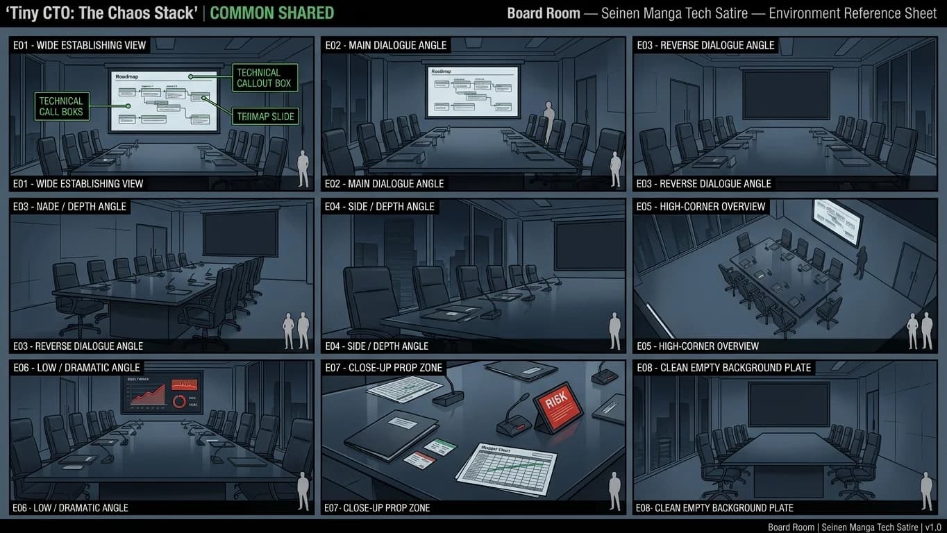 Board Room in Seinen Manga Tech Satire style.