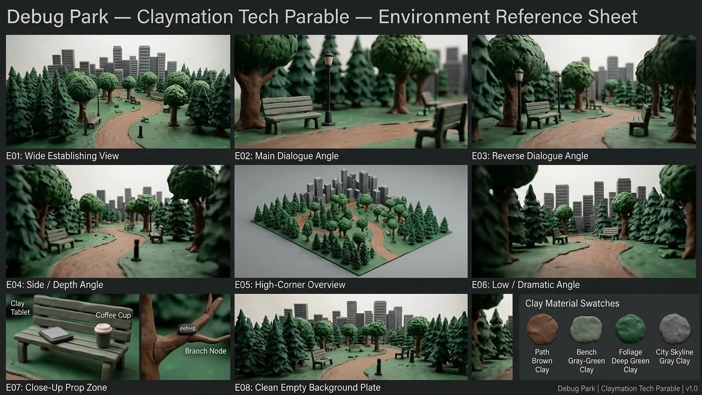 Debug Park in Claymation Tech Parable style.