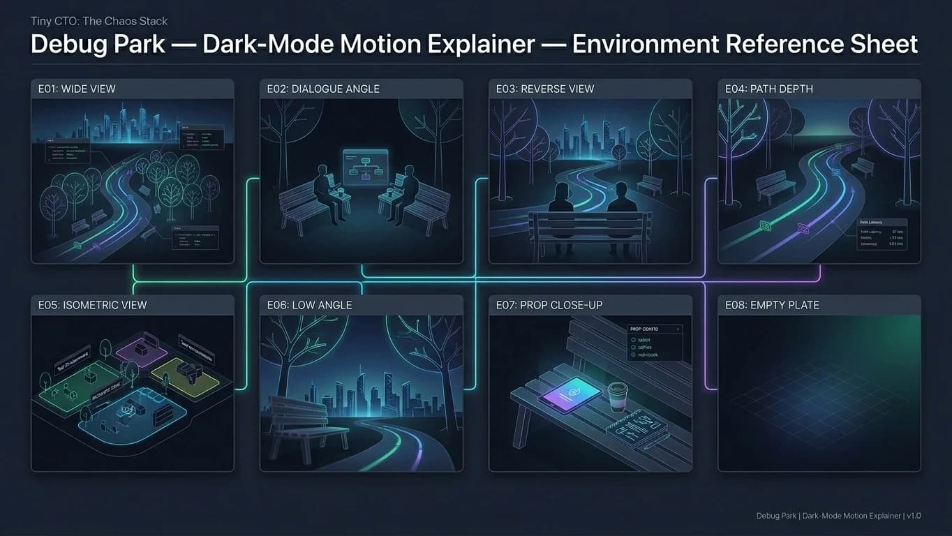 Debug Park in Dark-Mode Motion Explainer style.