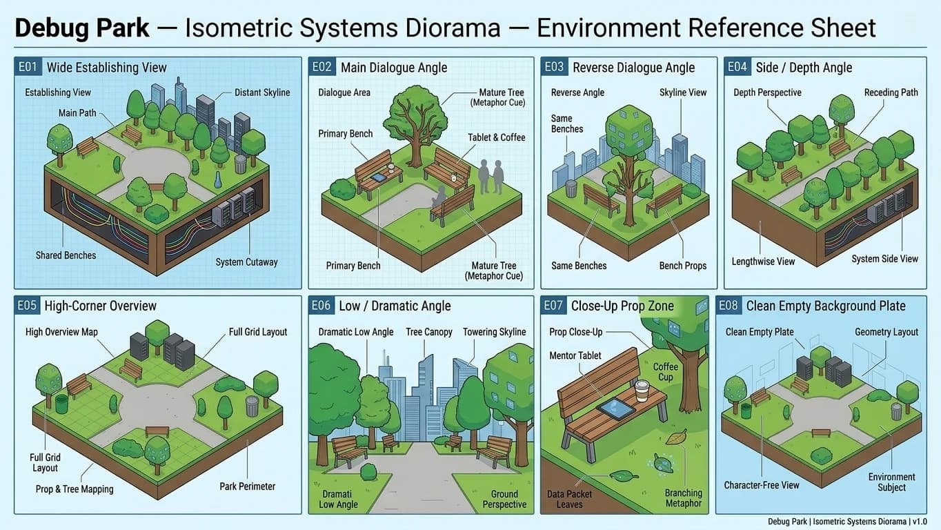 Debug Park in Isometric Systems Diorama style.