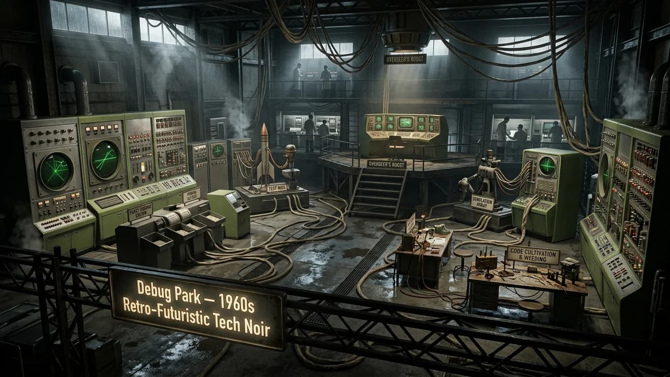 Debug Park in Retro Sci-Fi Sitcom style.