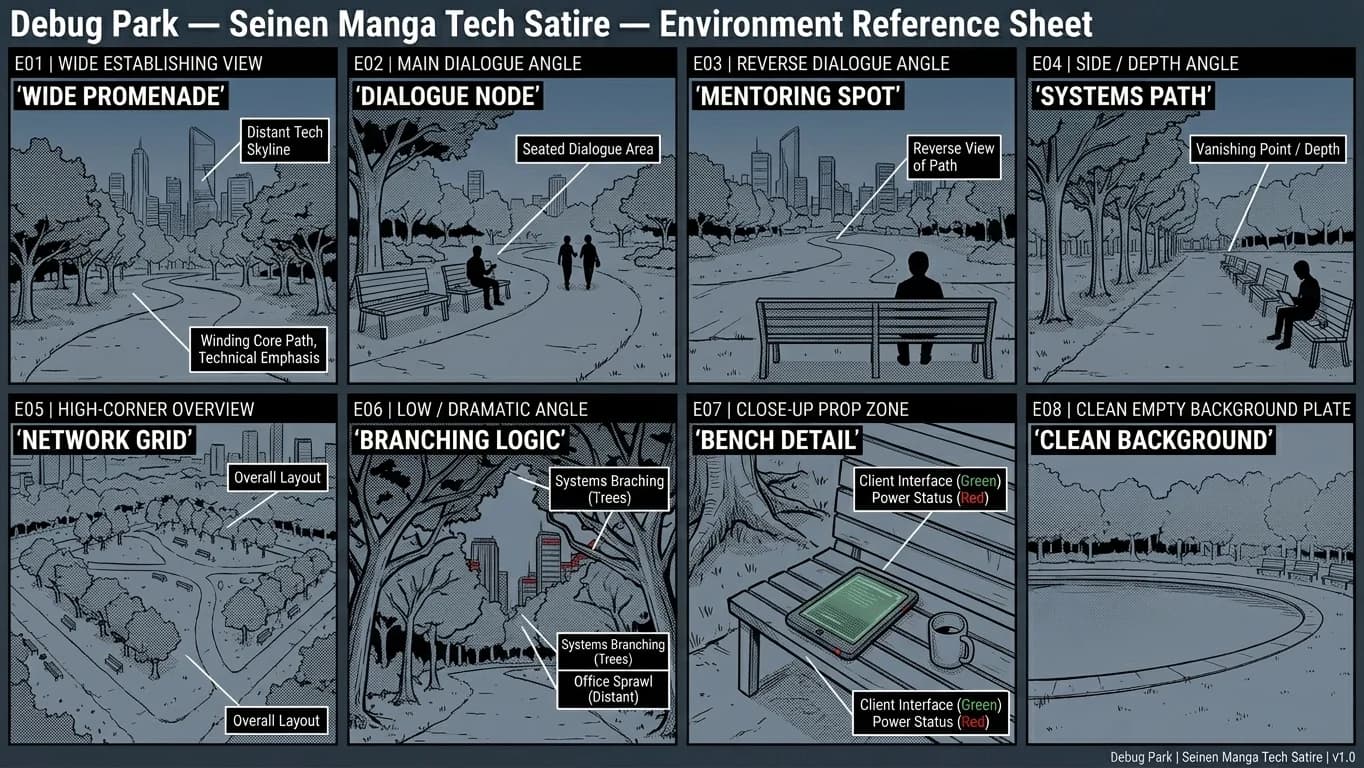 Debug Park in Seinen Manga Tech Satire style.