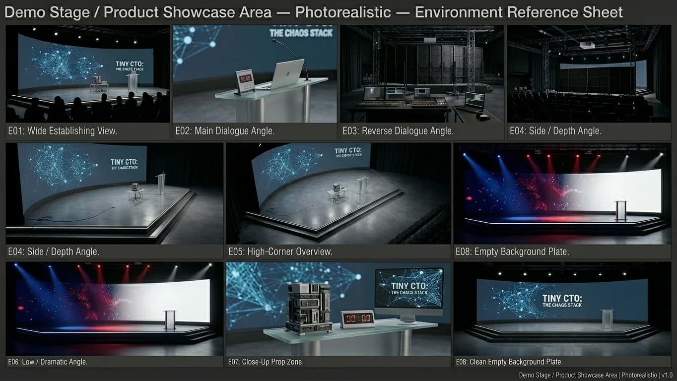 Demo Stage and Product Showcase Area — Tiny CTO: The Chaos Stack environment in Photorealistic style.