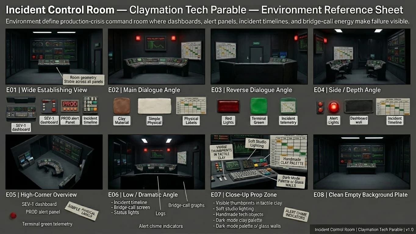 Incident Control Room in Claymation Tech Parable style.