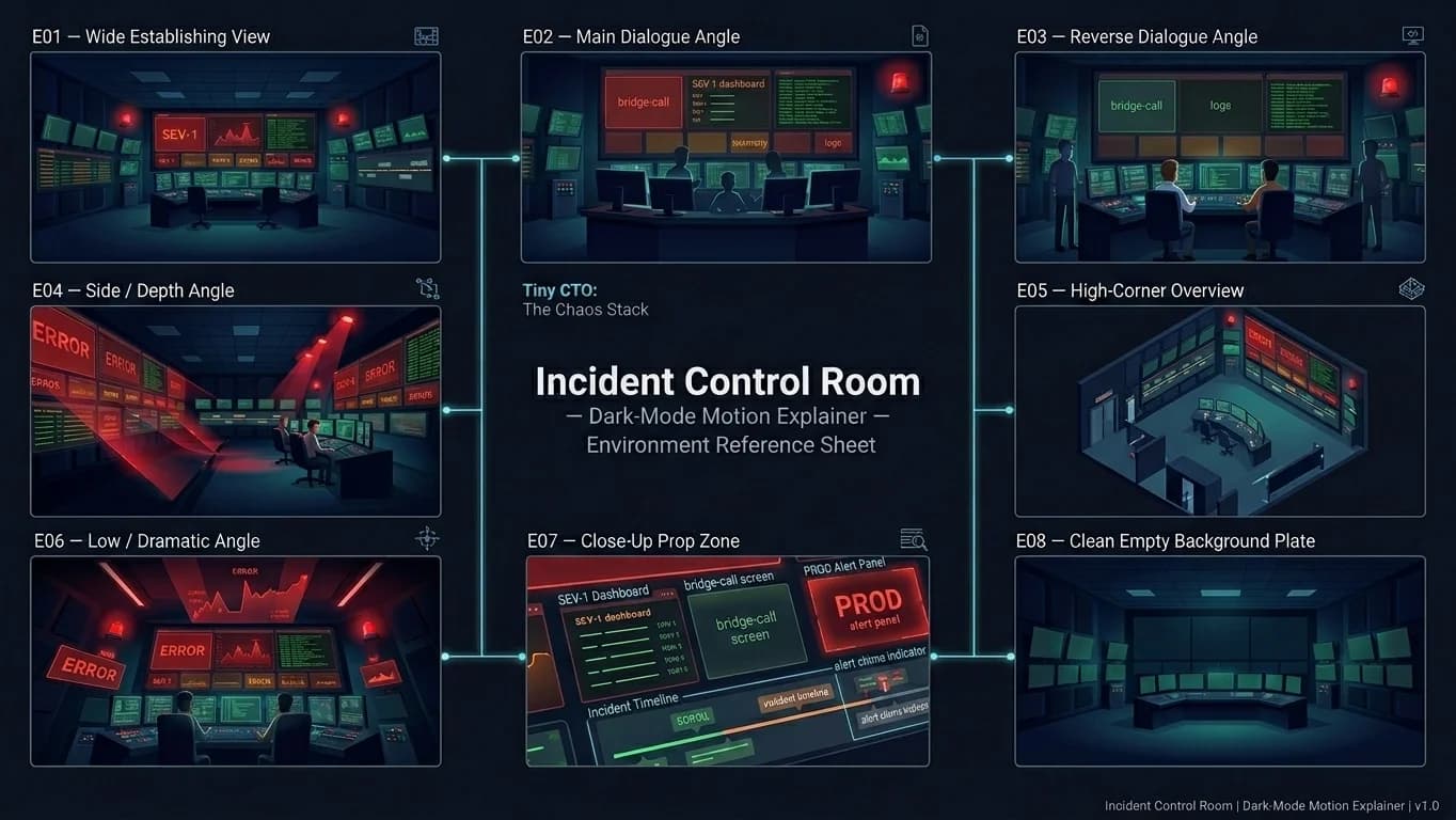 Incident Control Room in Dark-Mode Motion Explainer style.