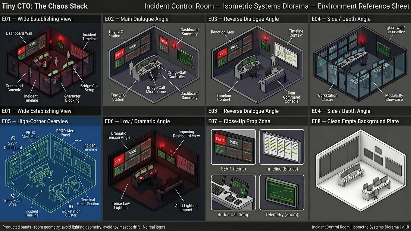 Incident Control Room in Isometric Systems Diorama style.