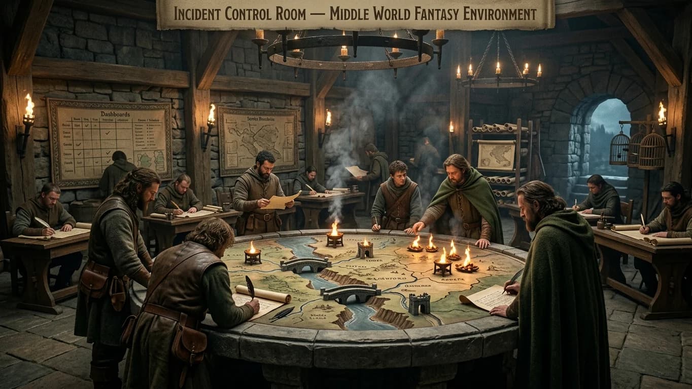 Incident Control Room in Middle World Fantasy style.
