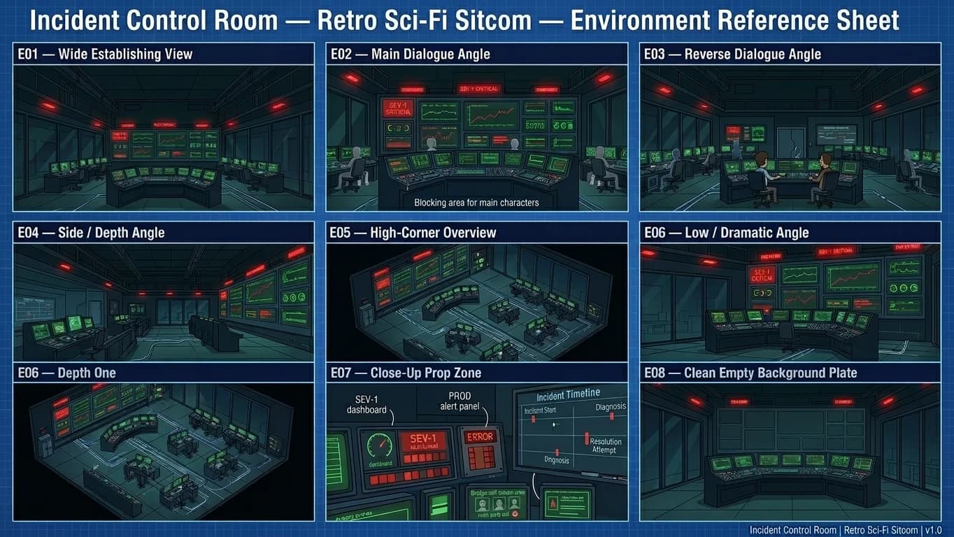 Incident Control Room in Retro Sci-Fi Sitcom style.