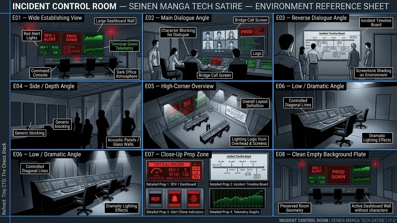 Incident Control Room in Seinen Manga Tech Satire style.