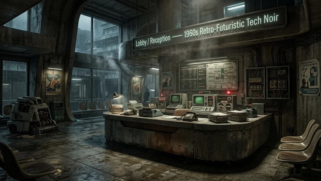 Lobby and Reception in 1960s Retro-Futuristic Tech Noir style.