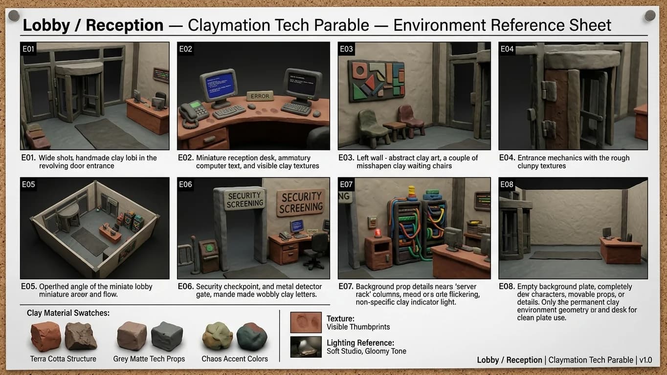Lobby and Reception in Claymation Tech Parable style.