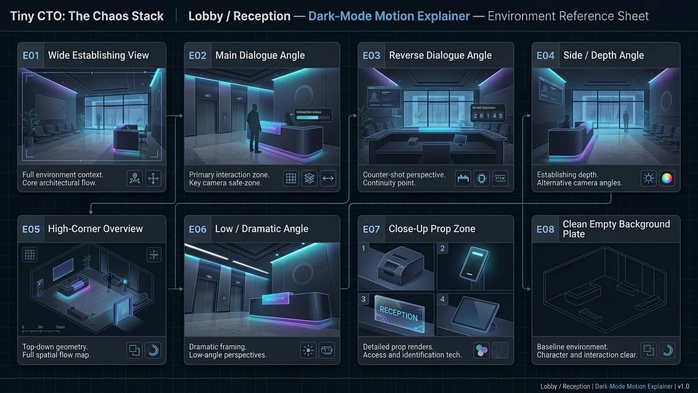 Lobby and Reception in Dark-Mode Motion Explainer style.