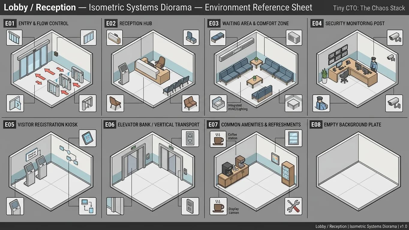 Lobby and Reception in Isometric Systems Diorama style.