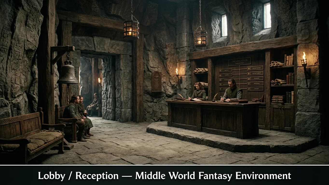 Lobby and Reception in Middle World Fantasy style.