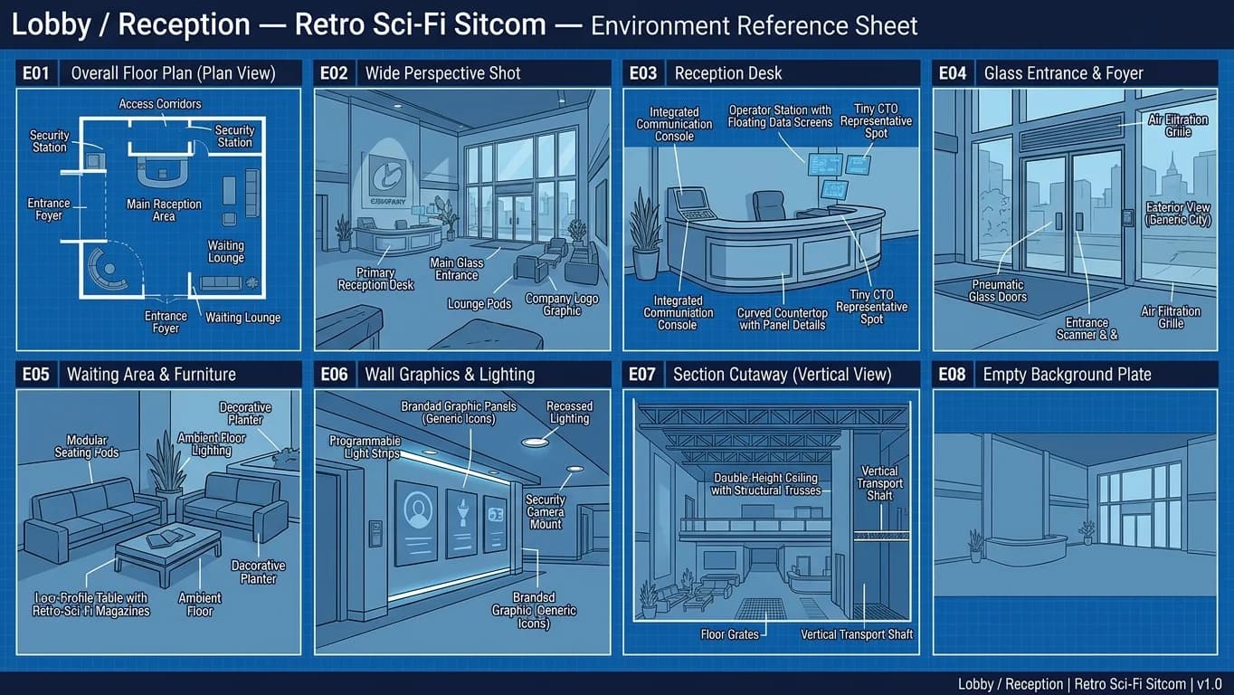 Lobby and Reception in Retro Sci-Fi Sitcom style.