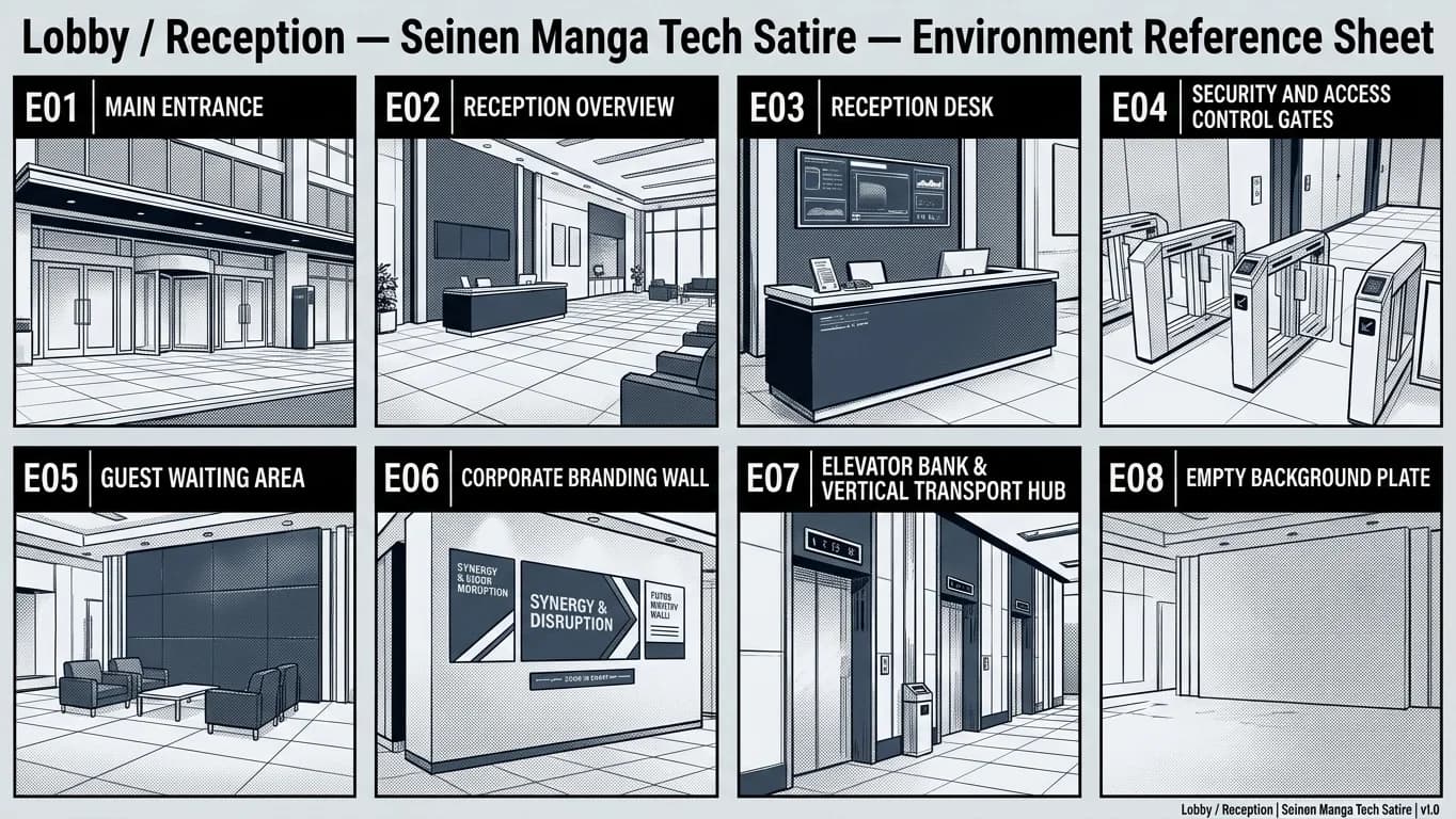 Lobby and Reception in Seinen Manga Tech Satire style.