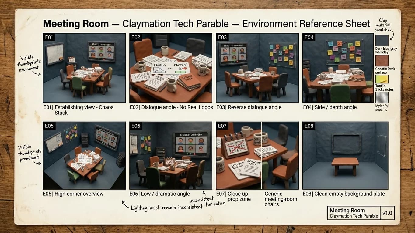 Meeting Room in Claymation Tech Parable style.