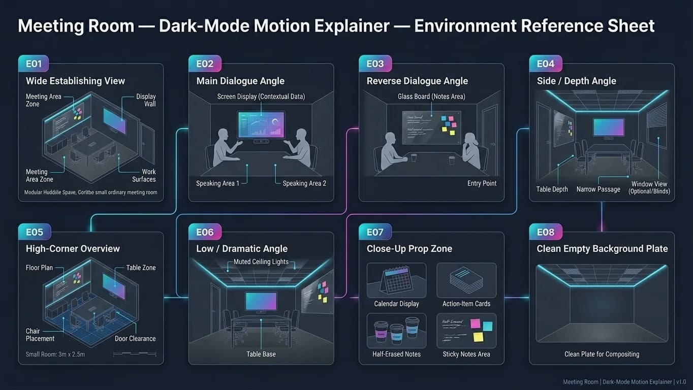 Meeting Room in Dark-Mode Motion Explainer style.