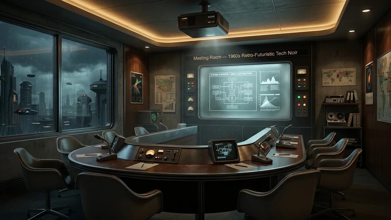 Meeting Room in Retro Sci-Fi Sitcom style.