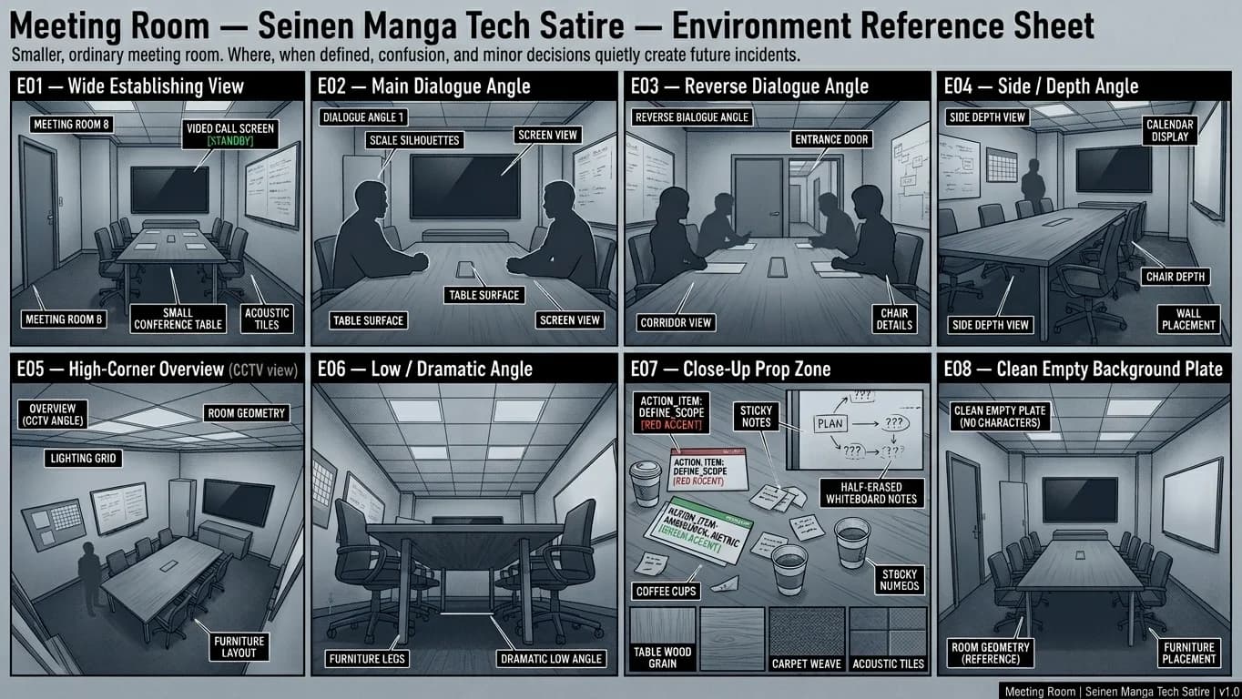 Meeting Room in Seinen Manga Tech Satire style.
