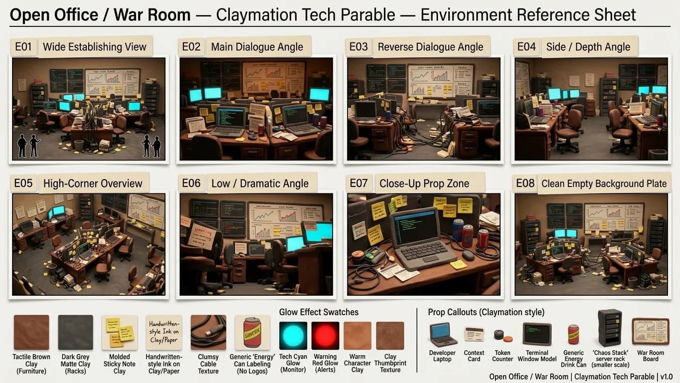 Open Office and War Room in Claymation Tech Parable style.
